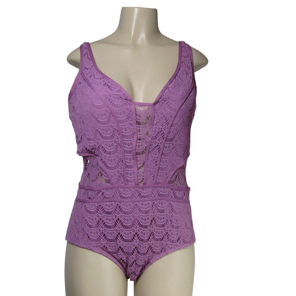 BECCA BY REBECCA 2X Virtue Mauve Purple CROCHET One Piece Plunge Swim suit